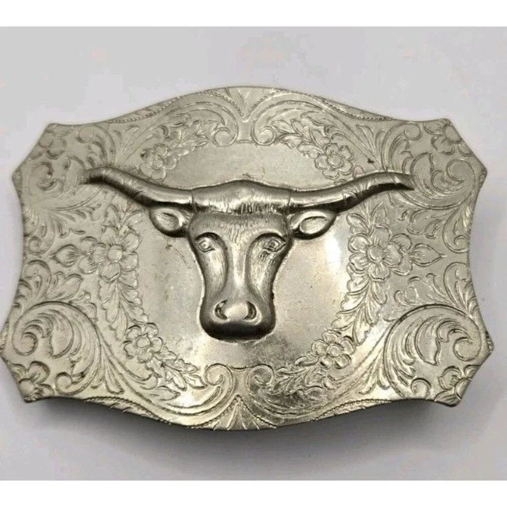 Texas Longhorn Belt Buckle Nickel Silver 3 1/2” X 2 1/4”